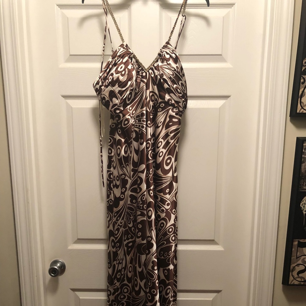 Brown and white satin evening gown